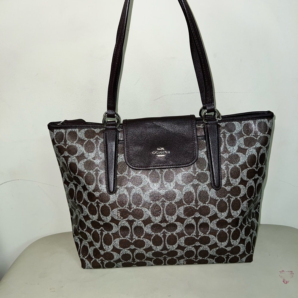 Coach Signature Brown Tote with Leather Flap Pocket